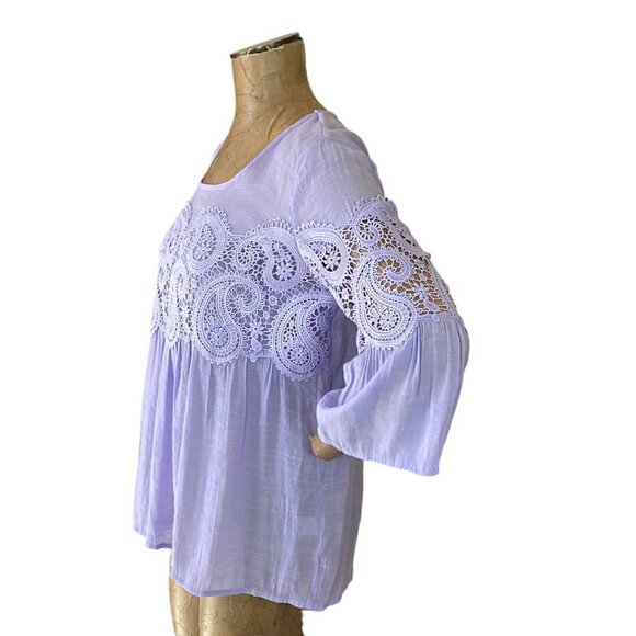 Fyve BOHO Lagenlook Top Bell Sleeve Crochet Accent Sz M Purple 253G - Picture 4 of 8